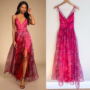 NWOT lulus Romance That Wows Magenta Floral Print Organza Maxi Dress